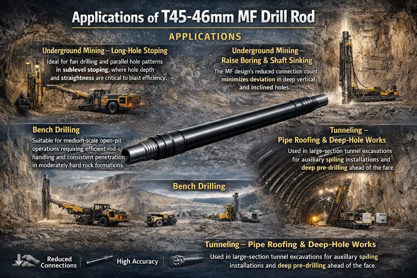 Applications of T45-46mm MF Drill Rod